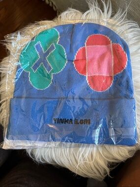 Sony PlayStation Blue Knit Beanie with Pink and Teal Motifs